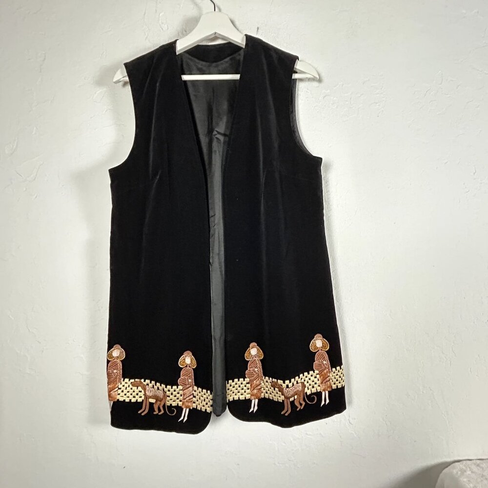 Women's Vintage Black Velvet Vest Embroidered Dog Motif Art To Wear Japan